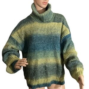Old Navy Green & Yellow Striped Shaker Stitch Turtleneck Sweater - Size XL